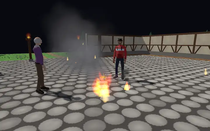 A campfire with smoke and embers burning in the town square at night