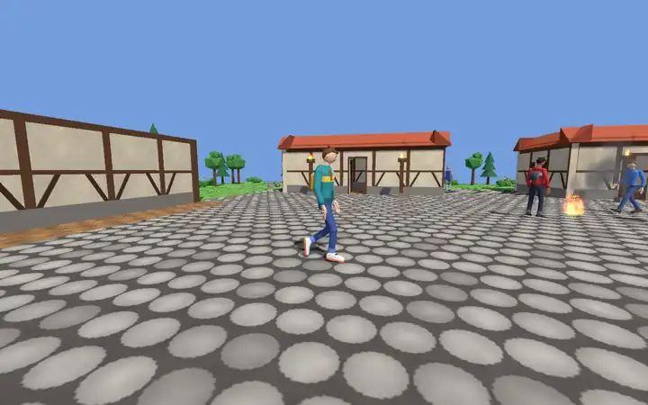 A premade teen character walking across the town square